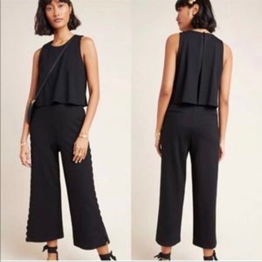 Anthropologie Freya The Essential Jumpsuit Black Sleeveless Scalloped Crop 8